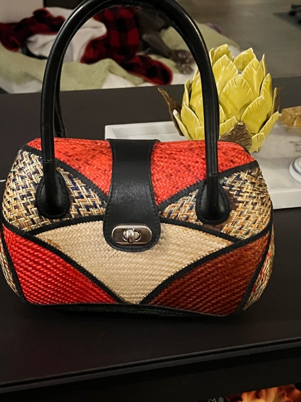 Vintage Woven Straw Accent Satchel - Red, Tan & Black